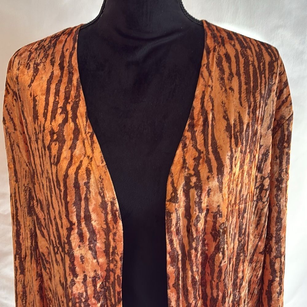 NWOT Tiger print bold long velvet duster kimono sweater fall Halloween witchy L